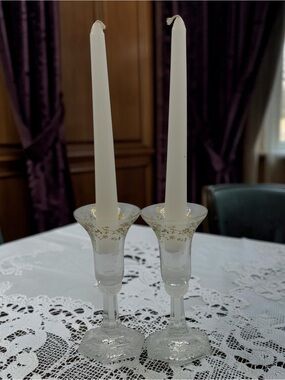 Two VTG MCM Crystal Taper Candle Holders Rosenthal Classic Rose Germany Wedding